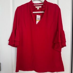NWT MK Michael Kors Red V-Neck Ruffle 3/4 Sleeve Top- size M